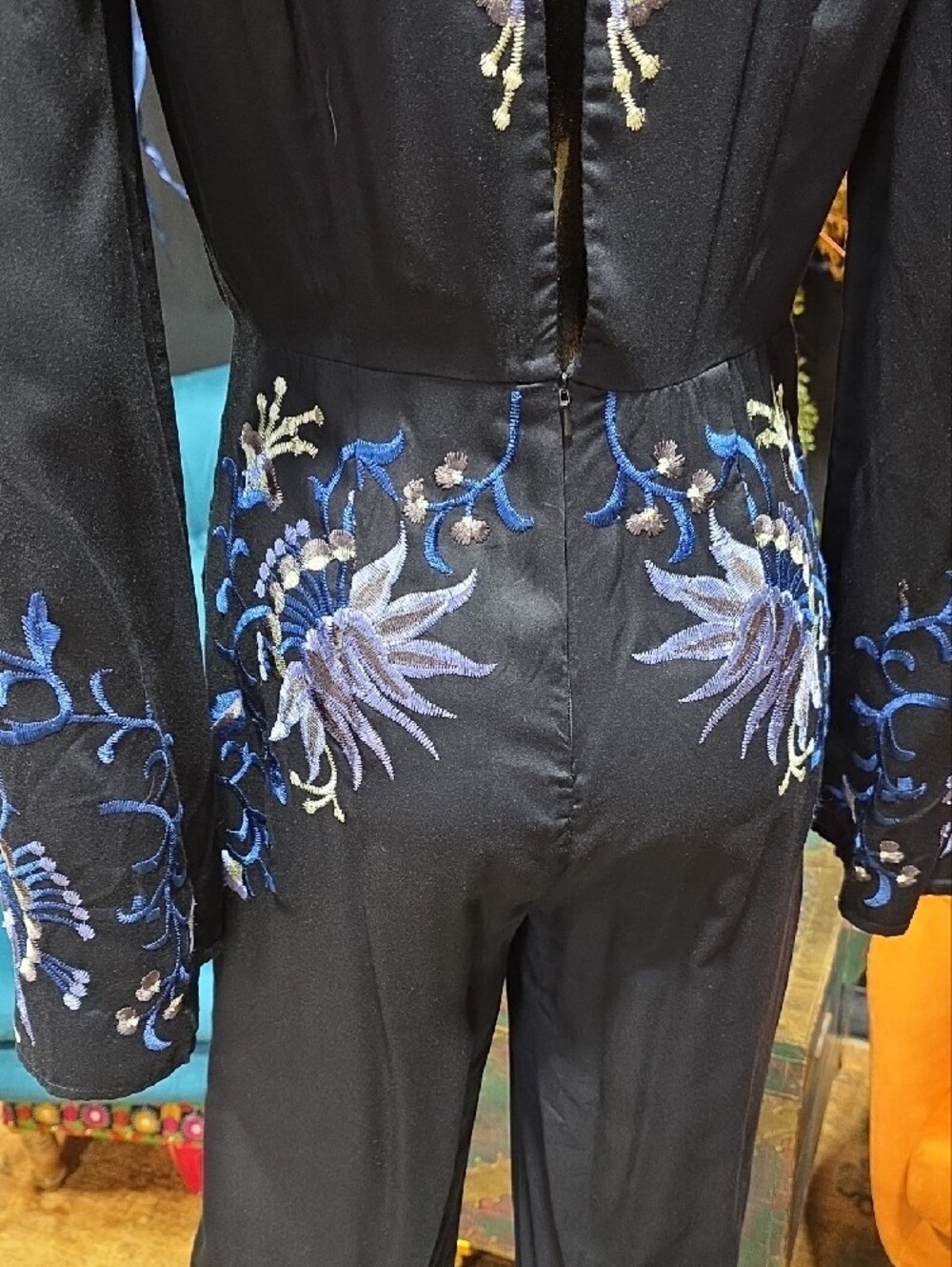 Free People Black Jumpsuit with Blue Floral Embroidery - Picture 12 of 15